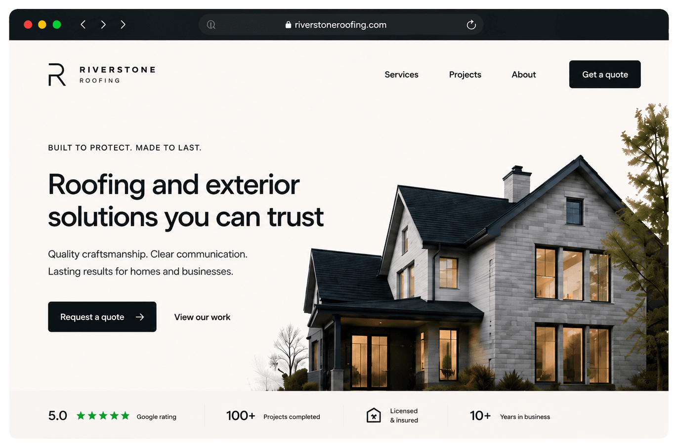 Desktop website mockup for Riverstone Roofing